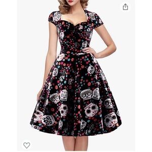 oten Medium Black Skull Floral Retro Swing Dress